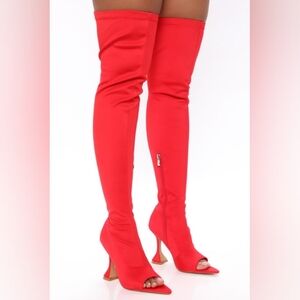 AZALEA WANG "OPERATION R.E.D" Red Over-the-Knee Peep-Toe Stiletto Boots